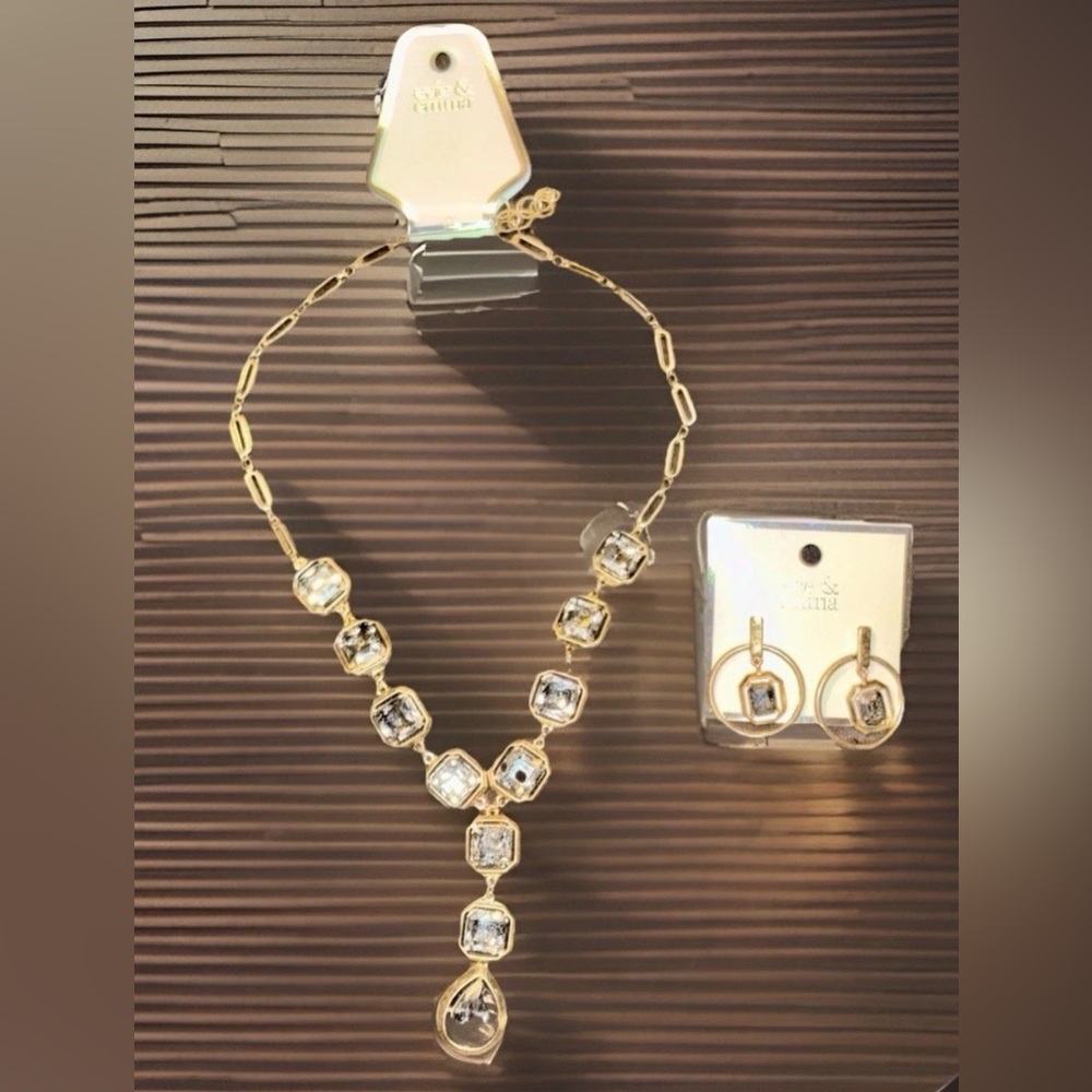 NWT Women’s evie & emma Gold Tone Hematite Framed Stone Y Necklace & Earrings